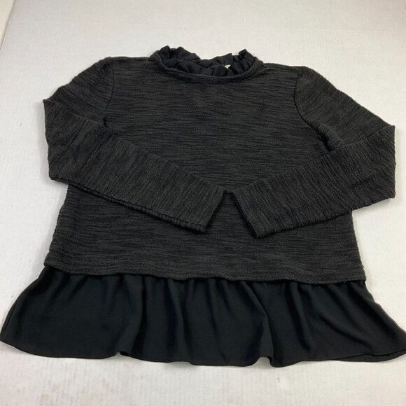 LOFT Womens Ruffled Trim Sweater Black Long Sleeve Knit Pullover Size PS Petites - Picture 2 of 12